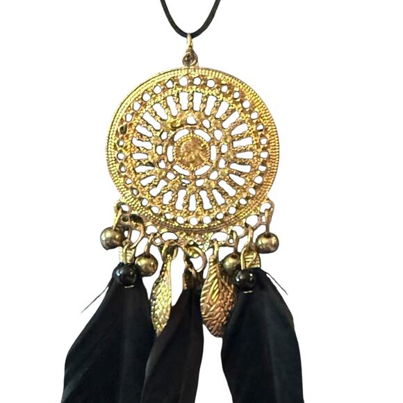 Black Feather Yellow Crystal Boho Gold Dreamcatcher Necklace - Picture 3 of 5